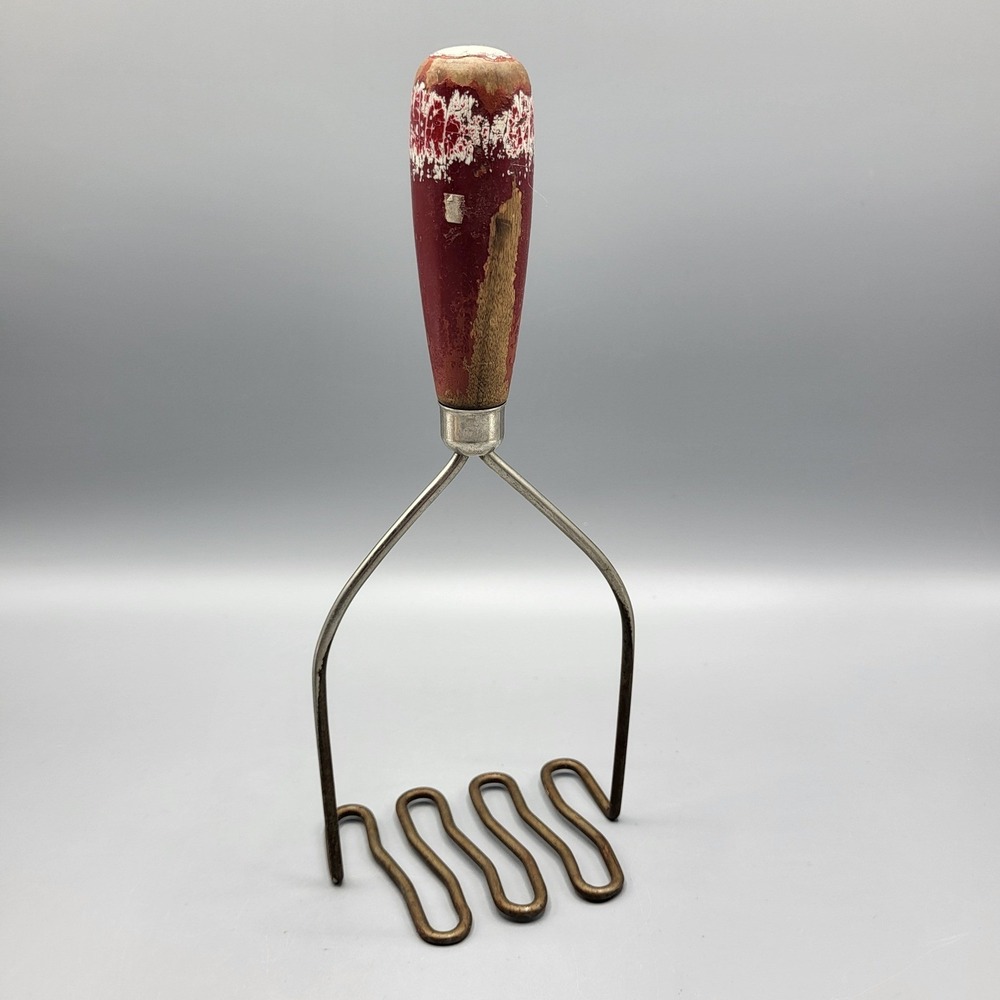 Vintage Potato Masher Red Wood Handle Wavy Metal Red SA IS